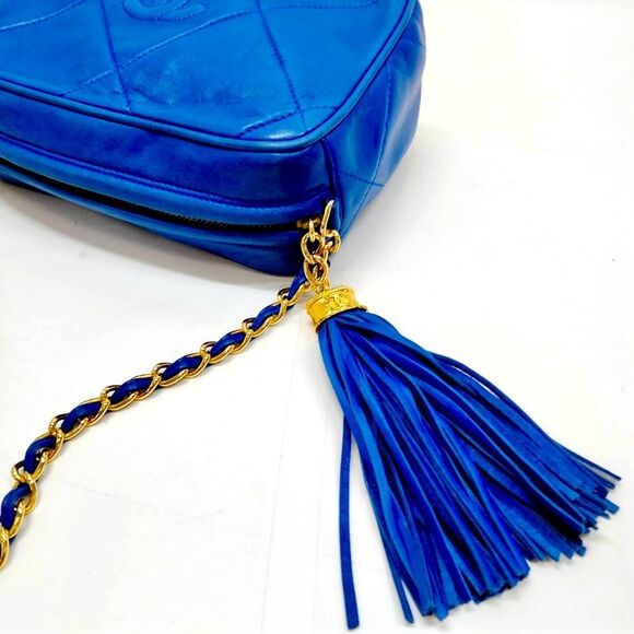 CHANEL Quilted Tassel CC Camera Bag Case Blue Lambskin Auth 1980s Crossbody - Picture 7 of 16